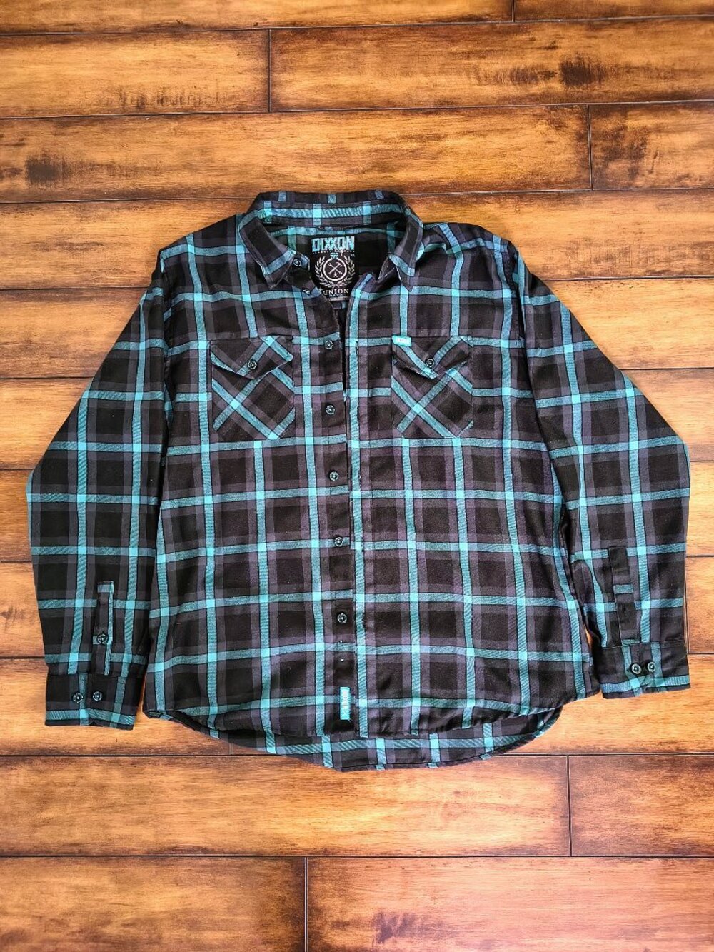 Dixxon Flannel Co Union Square Black Turquoise Plaid Biker Shirt Men's XL
